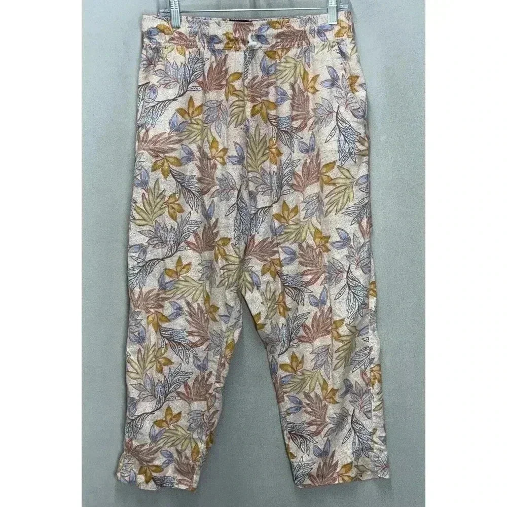 Nicole Miller Woman's Sz M Elastic Waist 100% Linen Wide Leg Tropical Crop Pants